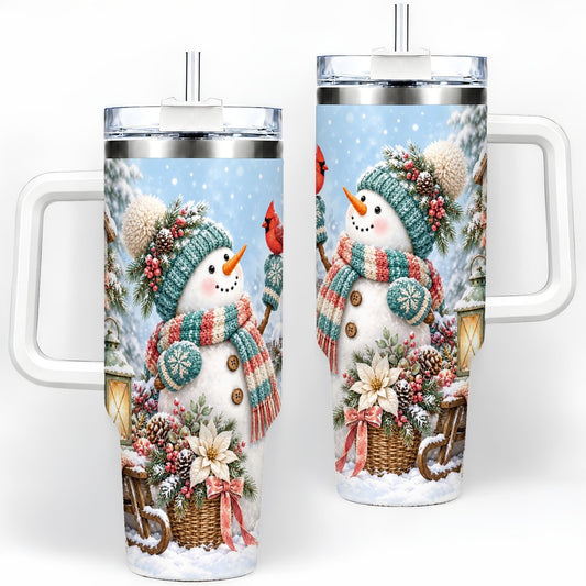 Christmas Snowman and Cardinal Tumbler 40oz, Rustic Winter Art