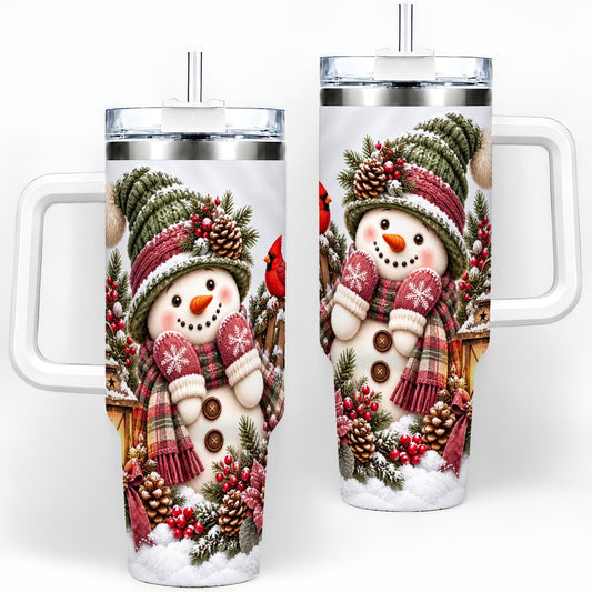 Christmas Snowman and Cardinal Tumbler 40oz, Cozy Knit Artwork