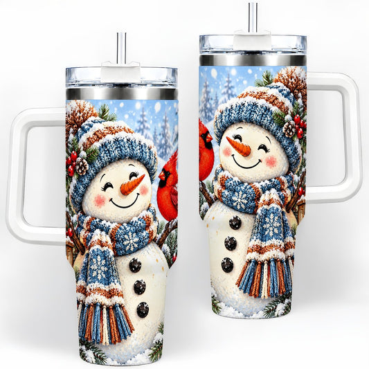 Winter Snowman and Red Cardinal Tumbler 40oz, Cozy Knit Artwork