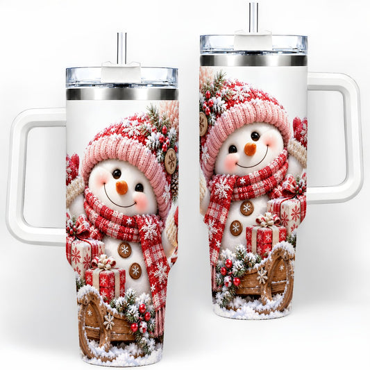 Christmas Snowman Tumbler 40oz, Red Knit Hat Winter Artwork