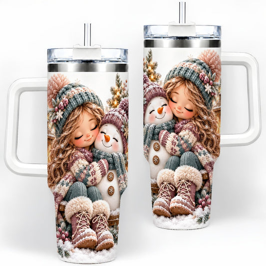 Christmas Girl and Snowman Tumbler 40oz, Cozy Winter Art