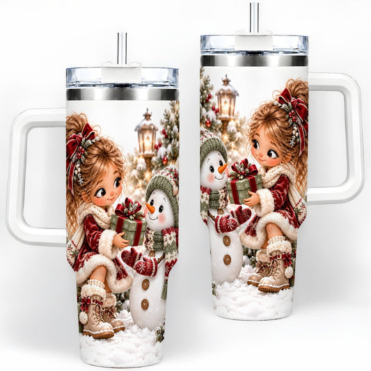 Christmas Girl and Snowman Tumbler 40oz, Festive Parcel Art