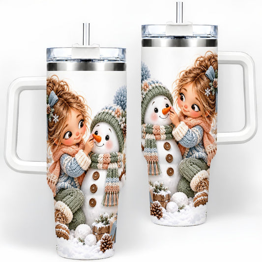 Christmas Girl and Snowman Tumbler 40oz, Playful Winter Art