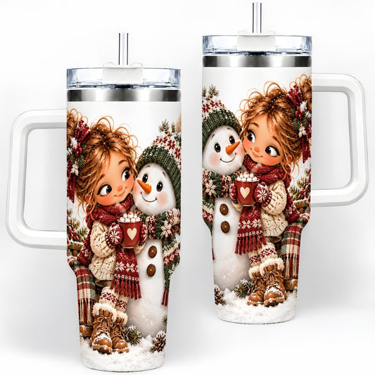 Christmas Girl and Snowman Tumbler 40oz, Hot Cocoa Artwork