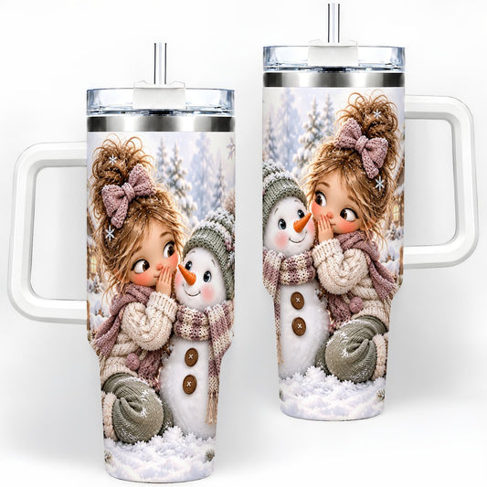 Winter Girl and Snowman Tumbler 40oz, Cozy Cottage Scene