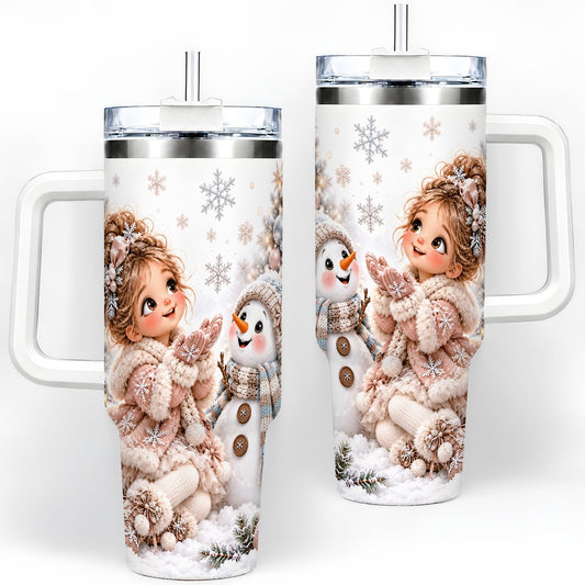 Christmas Girl and Snowman Tumbler 40oz, Snowflake Art