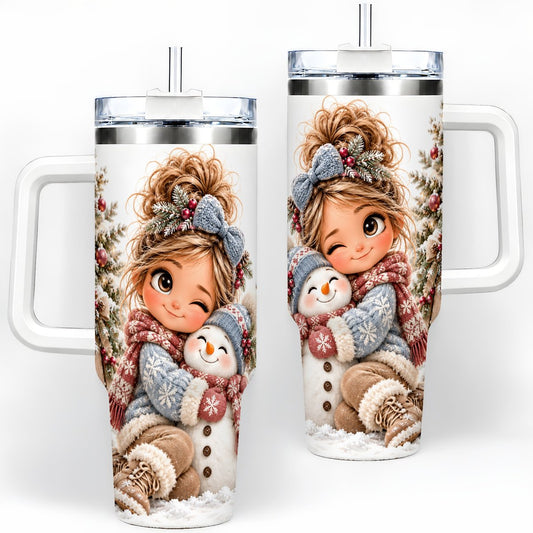 Christmas Girl Hugging Snowman Tumbler 40oz, Cozy Winter Art