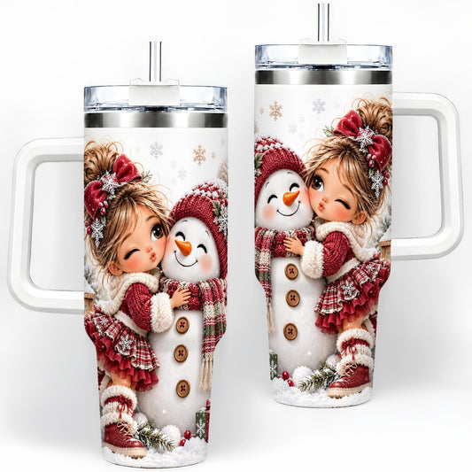 Christmas Girl Kissing Snowman Tumbler 40oz, Red Winter Art