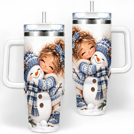 Girl Hugging Snowman Tumbler 40oz, Cozy Winter Art