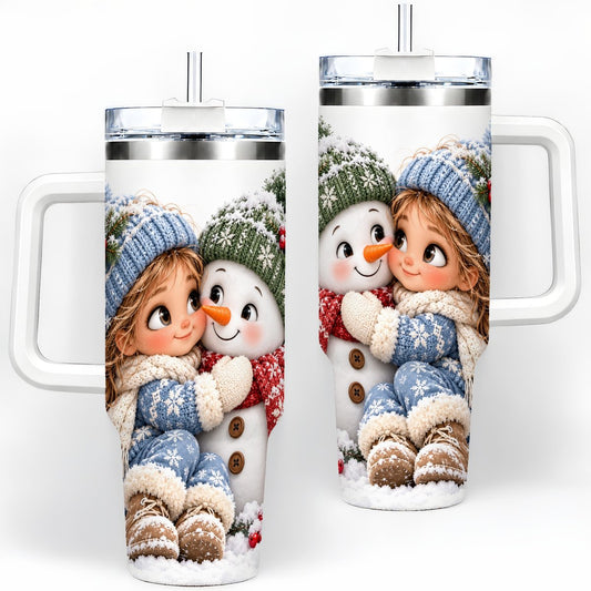 Girl and Snowman Tumbler 40oz, Winter Friendship Art