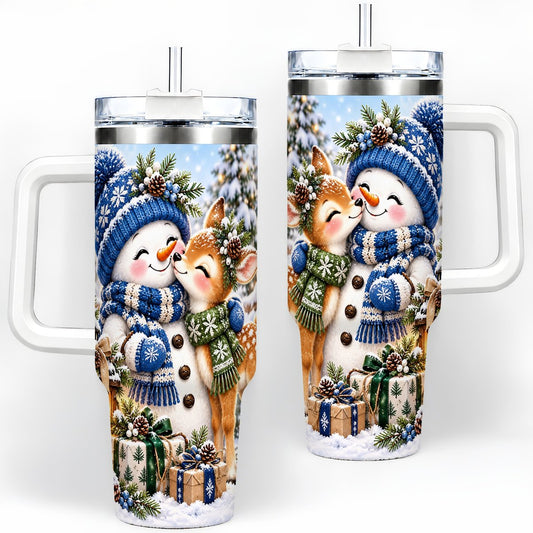 Snowman and Deer Tumbler 40oz, Winter Woodland Art