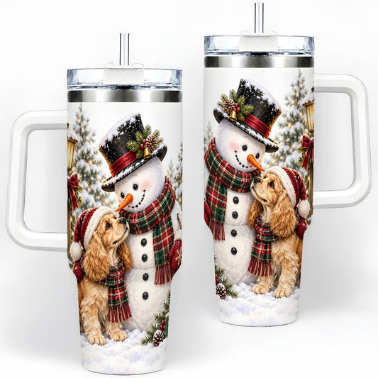 Christmas Snowman and Dog Tumbler 40oz, Snowy Forest Art