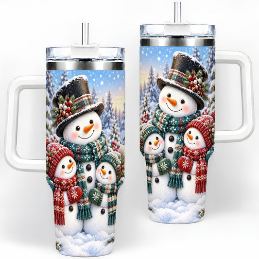 Christmas Snowman Family Tumbler 40oz, Snowy Forest Scene