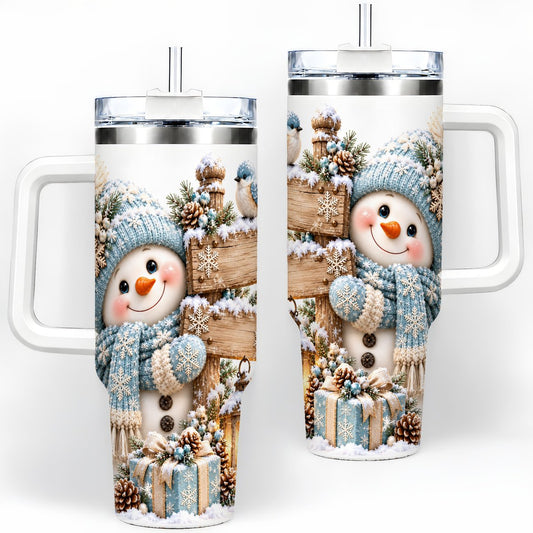Winter Snowman with Wooden Signpost Tumbler 40oz, Snowy Scene