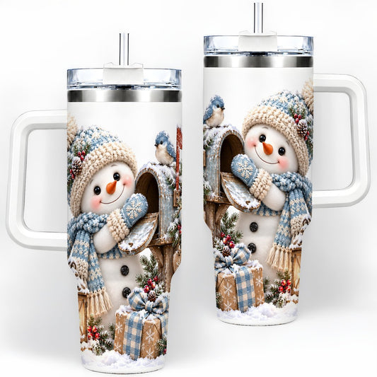 Winter Snowman and Mailbox Tumbler 40oz, Rustic Winter Art