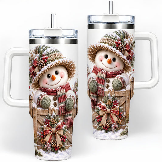 Christmas Snowman at Rustic Fence Tumbler 40oz, Winter Art