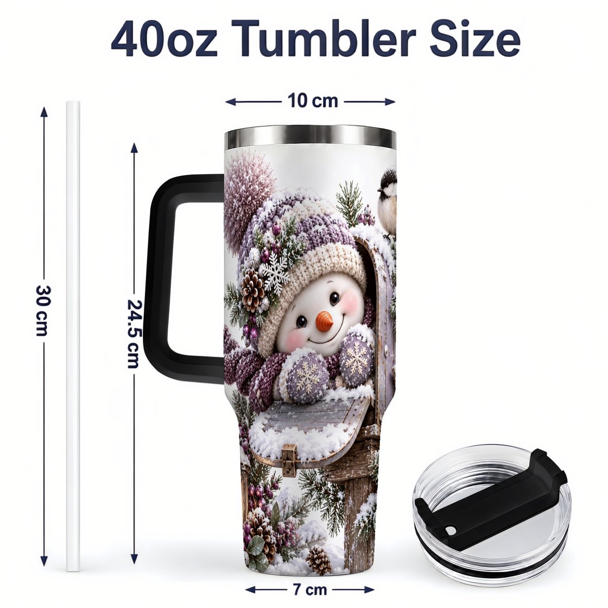 #pl[40oz|Black] Winter Snowman Tumbler 40oz, Snowy Mailbox Scene