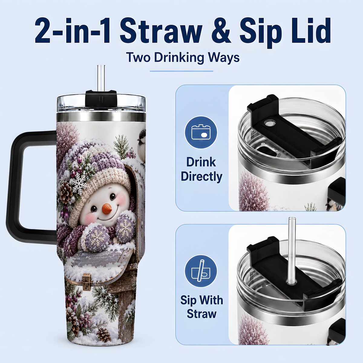 #pl[40oz|Black] Winter Snowman Tumbler 40oz, Snowy Mailbox Scene