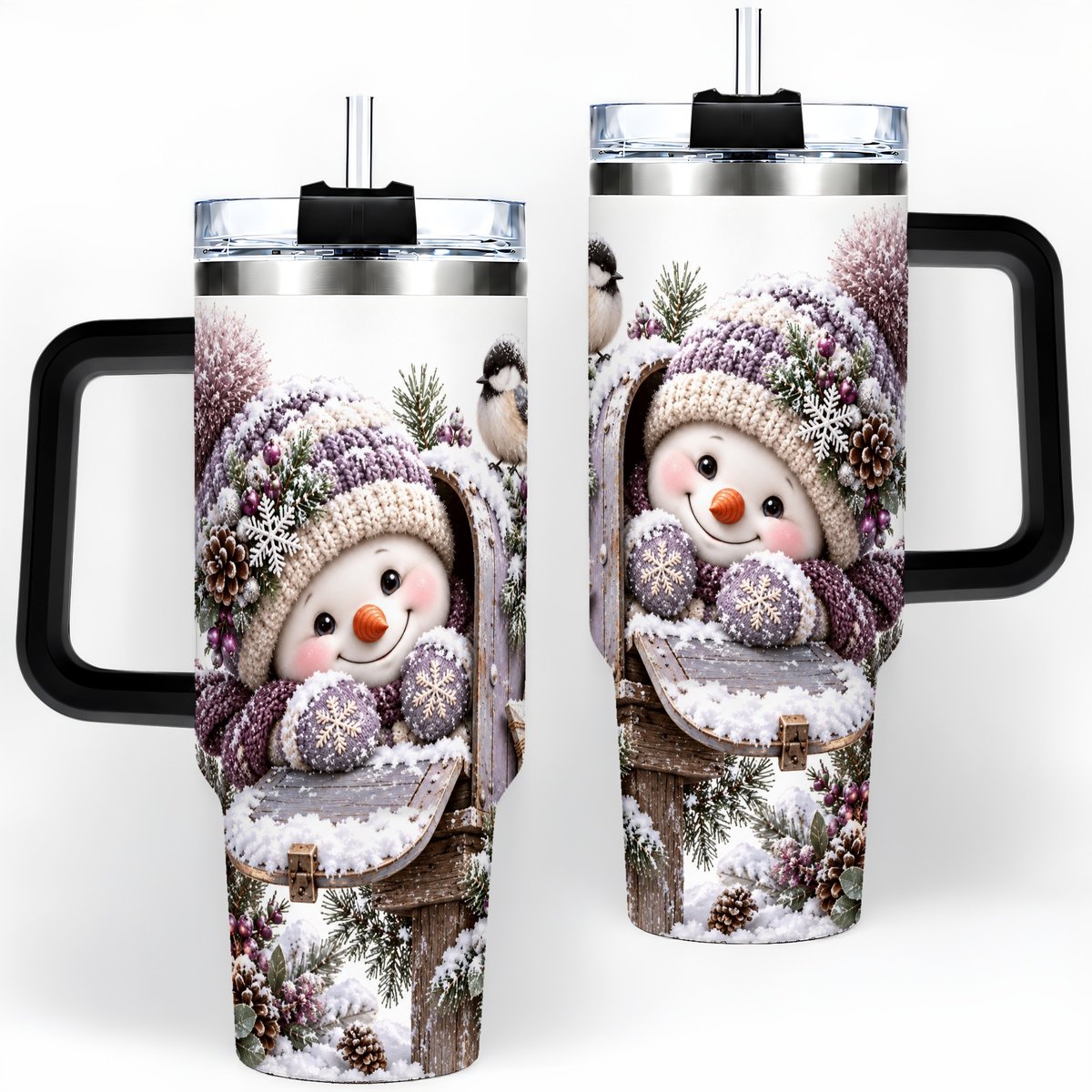 #pl[40oz|Black] Winter Snowman Tumbler 40oz, Snowy Mailbox Scene
