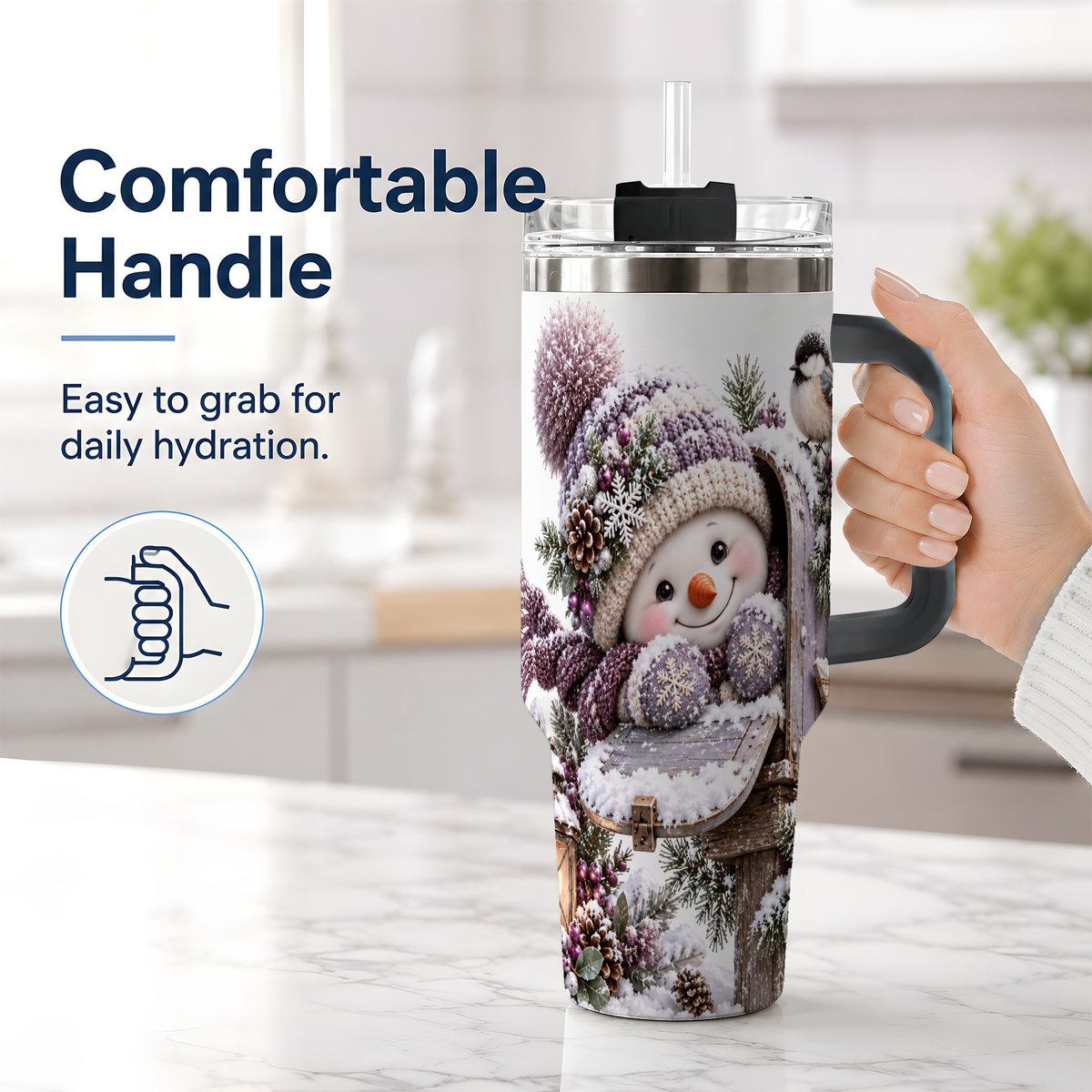 #pl[40oz|Black] Winter Snowman Tumbler 40oz, Snowy Mailbox Scene