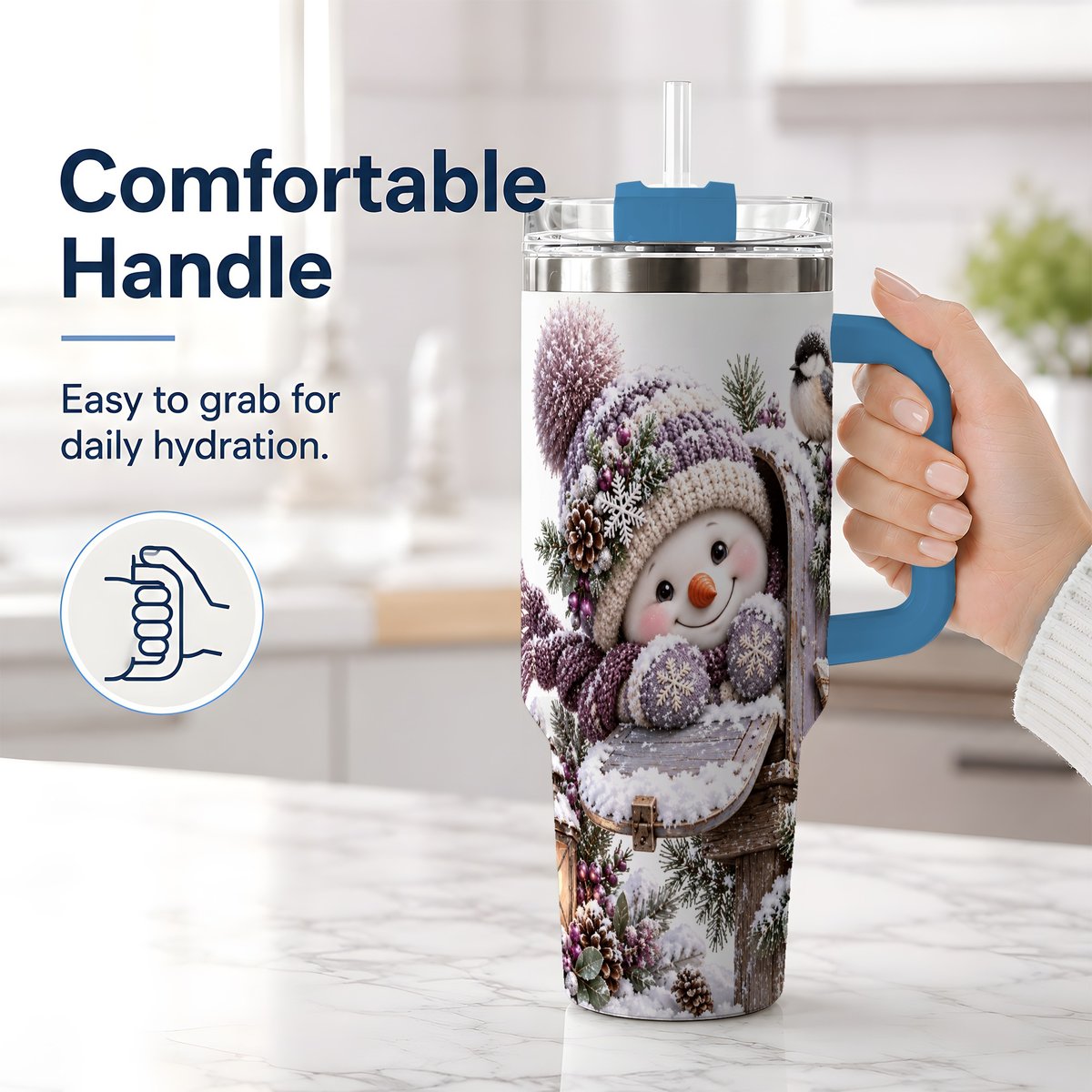#pl[40oz|Blue] Winter Snowman Tumbler 40oz, Snowy Mailbox Scene