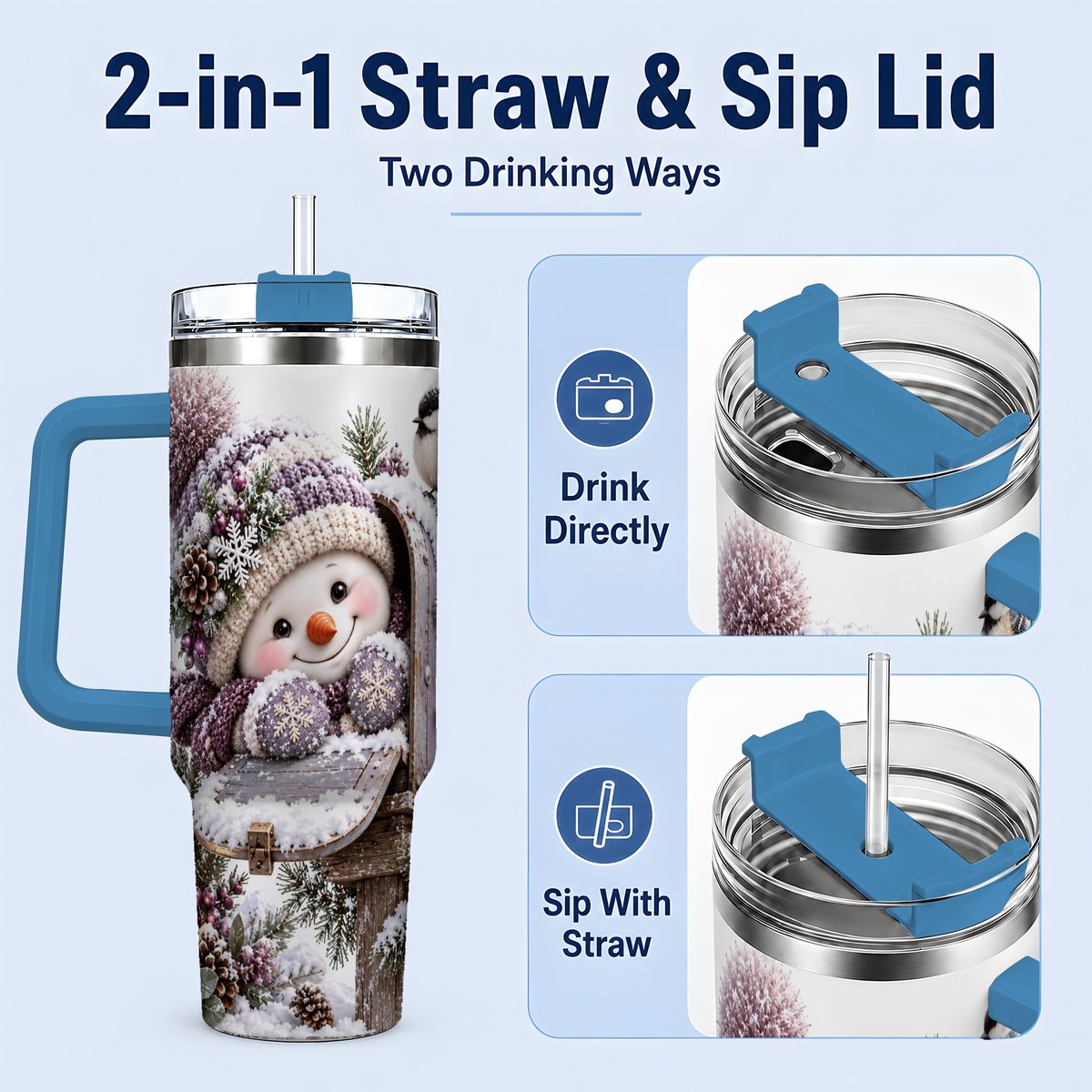 #pl[40oz|Blue] Winter Snowman Tumbler 40oz, Snowy Mailbox Scene