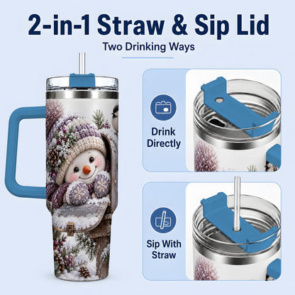 #pl[40oz|Blue] Winter Snowman Tumbler 40oz, Snowy Mailbox Scene
