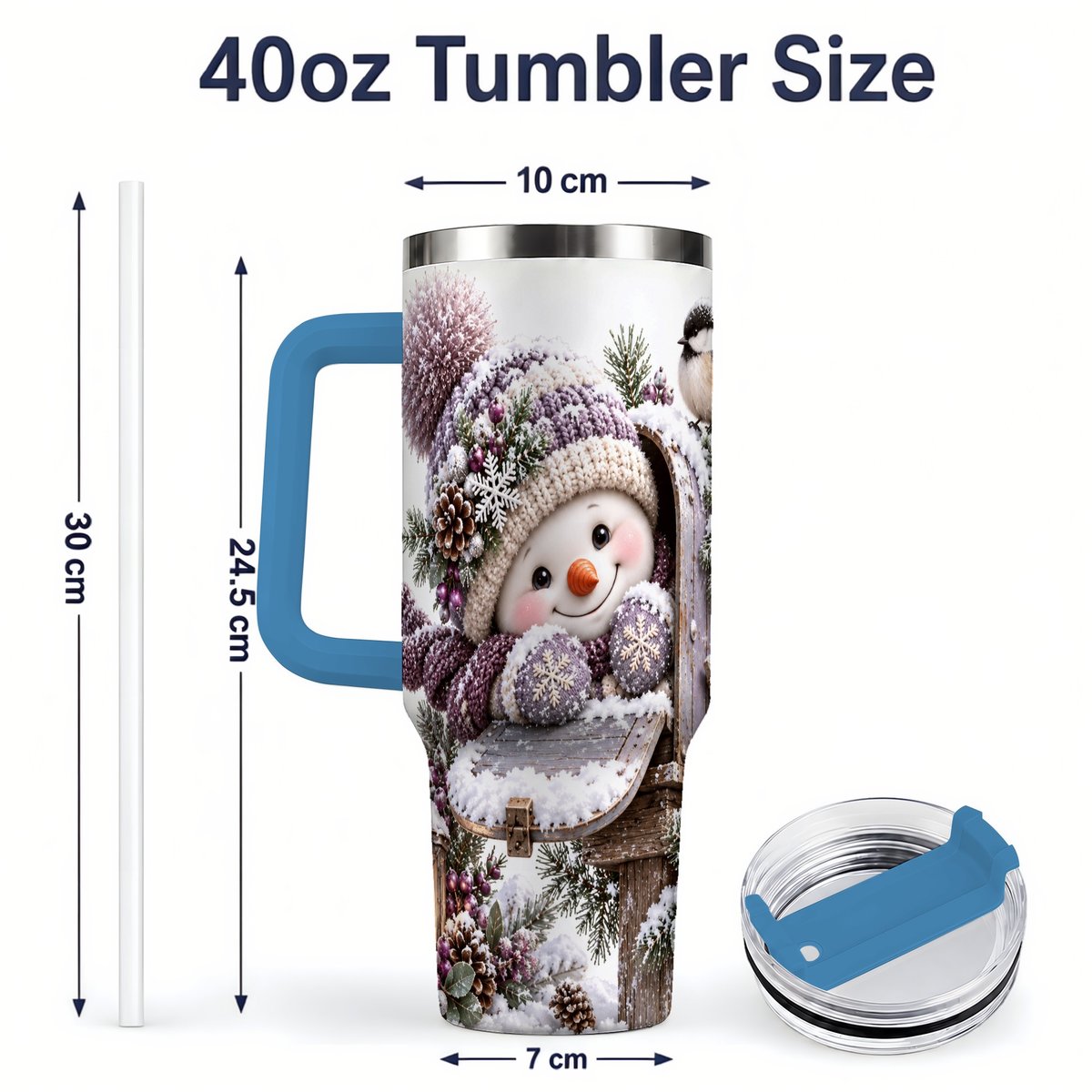 #pl[40oz|Blue] Winter Snowman Tumbler 40oz, Snowy Mailbox Scene