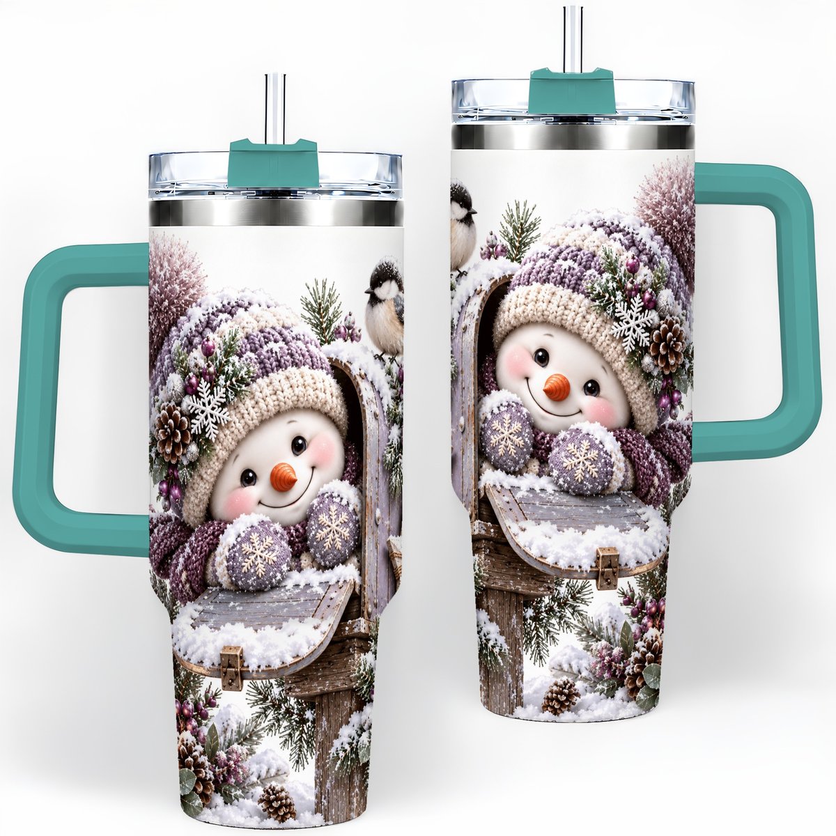 #pl[40oz|Green] Winter Snowman Tumbler 40oz, Snowy Mailbox Scene