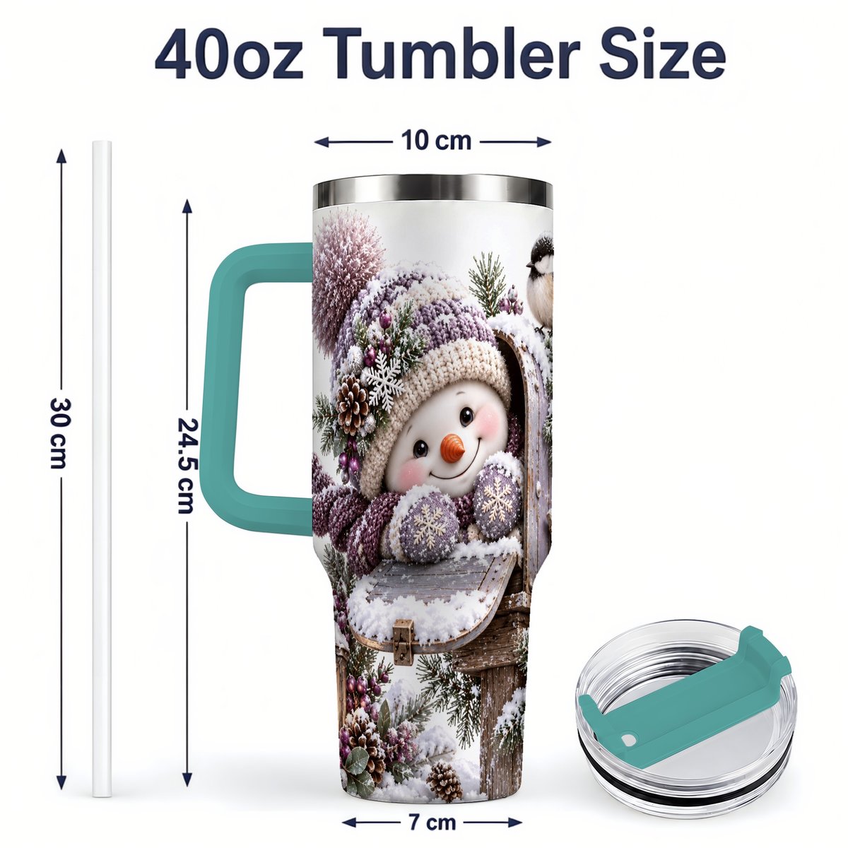 #pl[40oz|Green] Winter Snowman Tumbler 40oz, Snowy Mailbox Scene