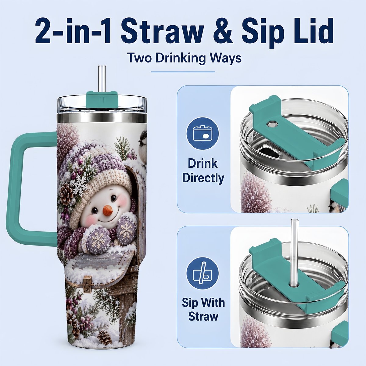 #pl[40oz|Green] Winter Snowman Tumbler 40oz, Snowy Mailbox Scene