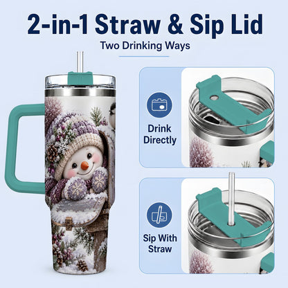 #pl[40oz|Green] Winter Snowman Tumbler 40oz, Snowy Mailbox Scene