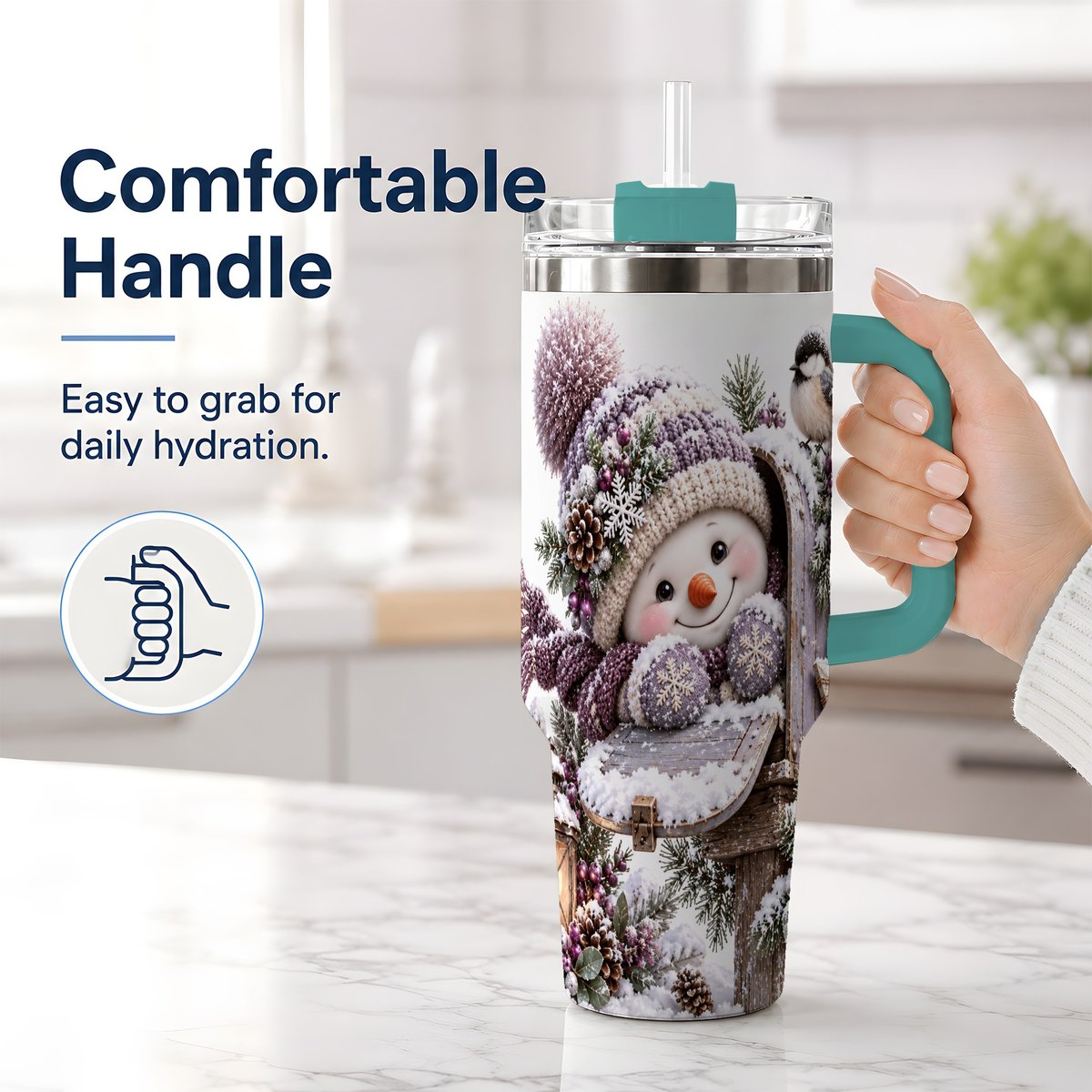 #pl[40oz|Green] Winter Snowman Tumbler 40oz, Snowy Mailbox Scene