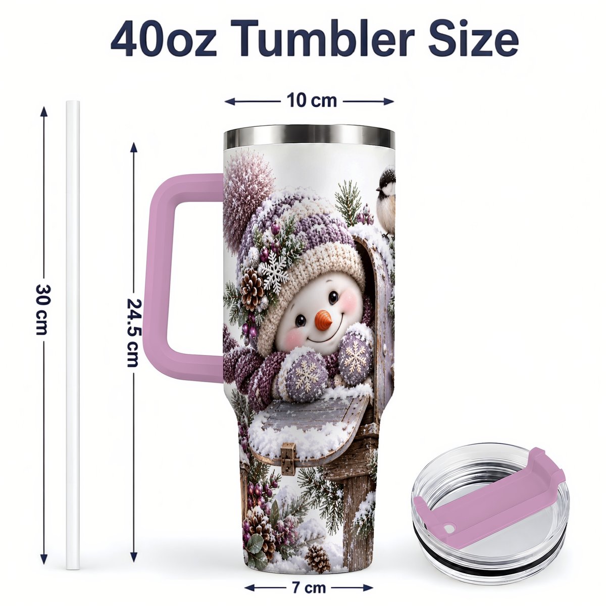 #pl[40oz|Pink] Winter Snowman Tumbler 40oz, Snowy Mailbox Scene