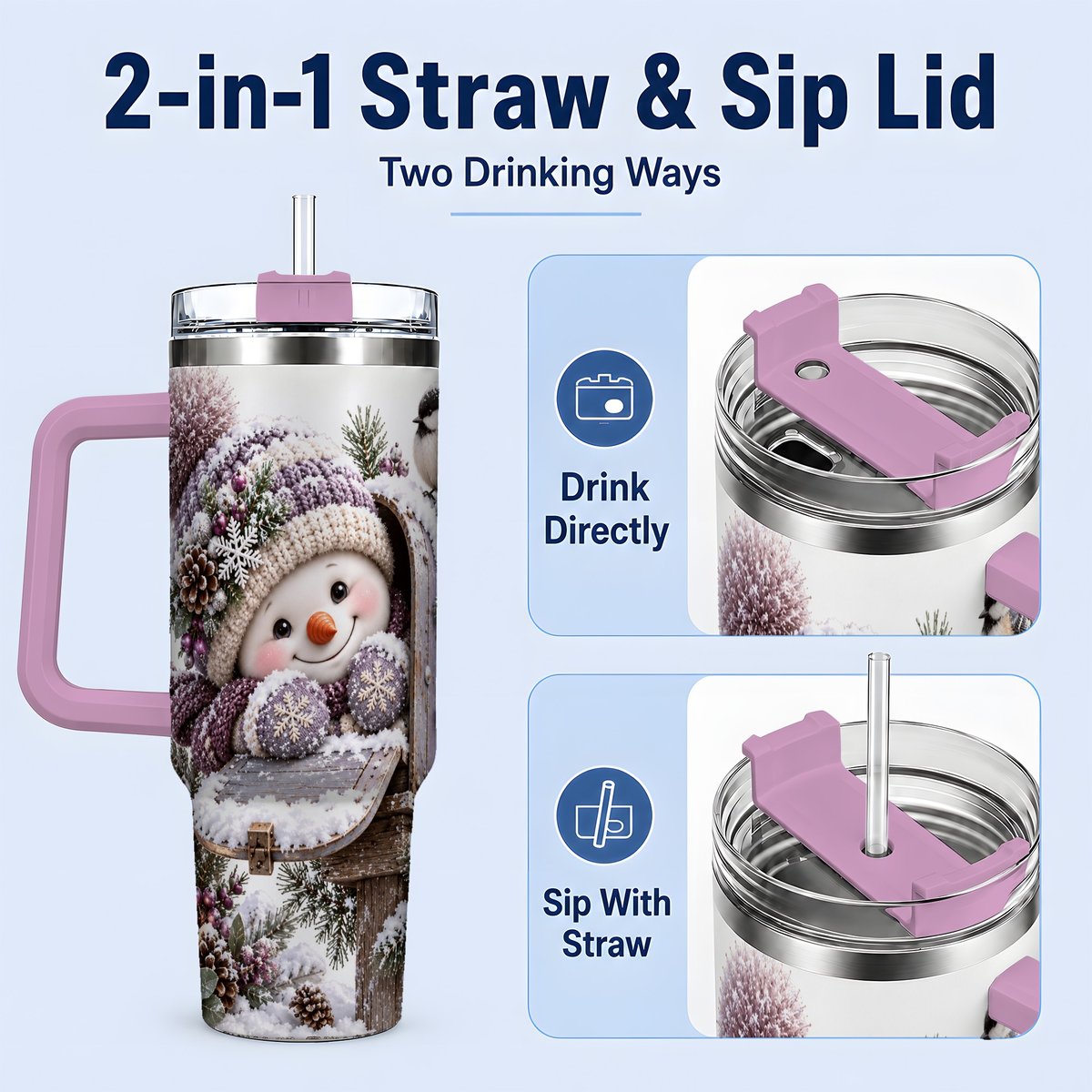 #pl[40oz|Pink] Winter Snowman Tumbler 40oz, Snowy Mailbox Scene
