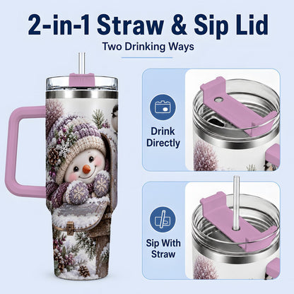 #pl[40oz|Pink] Winter Snowman Tumbler 40oz, Snowy Mailbox Scene