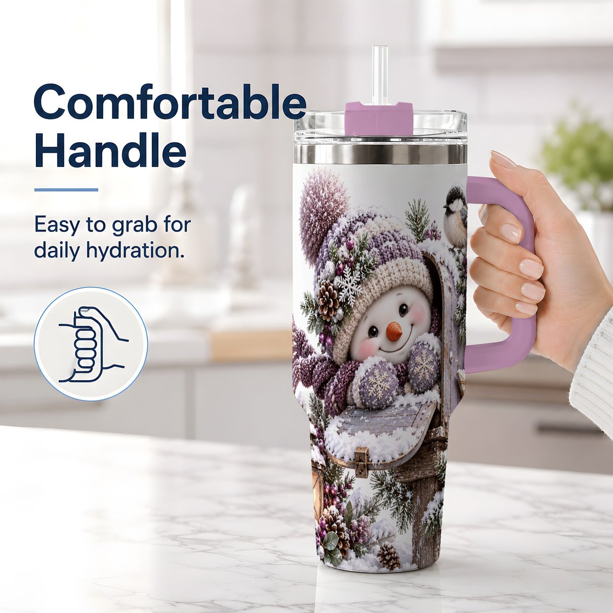 #pl[40oz|Pink] Winter Snowman Tumbler 40oz, Snowy Mailbox Scene