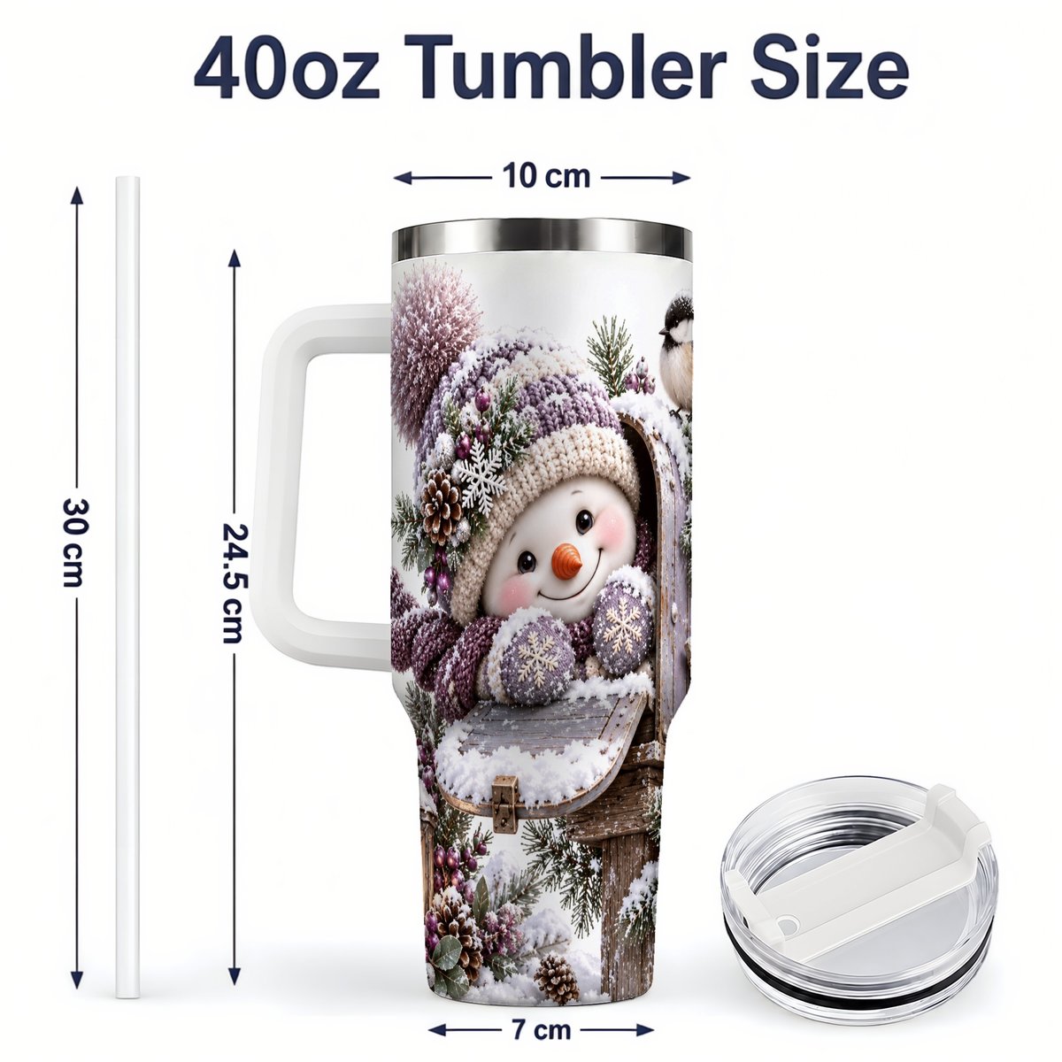 #pl[40oz|White] Winter Snowman Tumbler 40oz, Snowy Mailbox Scene