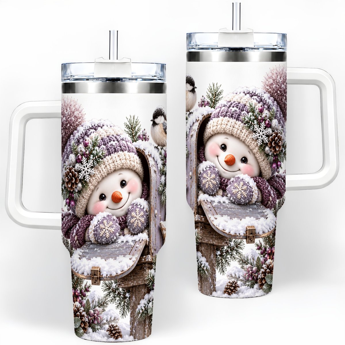 Winter Snowman Tumbler 40oz, Snowy Mailbox Scene