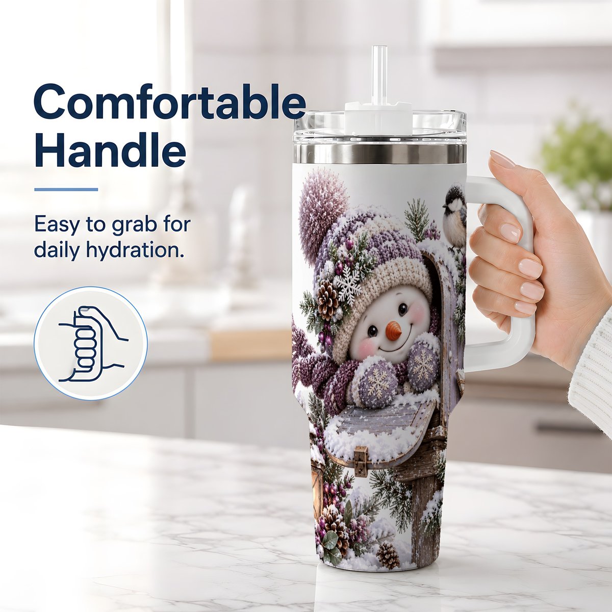 #pl[40oz|White] Winter Snowman Tumbler 40oz, Snowy Mailbox Scene
