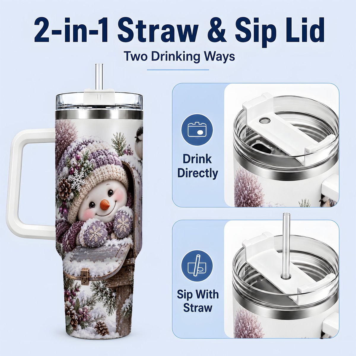 #pl[40oz|White] Winter Snowman Tumbler 40oz, Snowy Mailbox Scene
