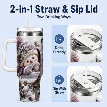 #pl[40oz|White] Winter Snowman Tumbler 40oz, Snowy Mailbox Scene