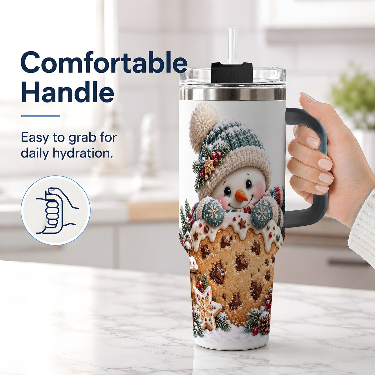 #pl[40oz|Black] Christmas Snowman Tumbler 40oz, Frosted Cookie Art