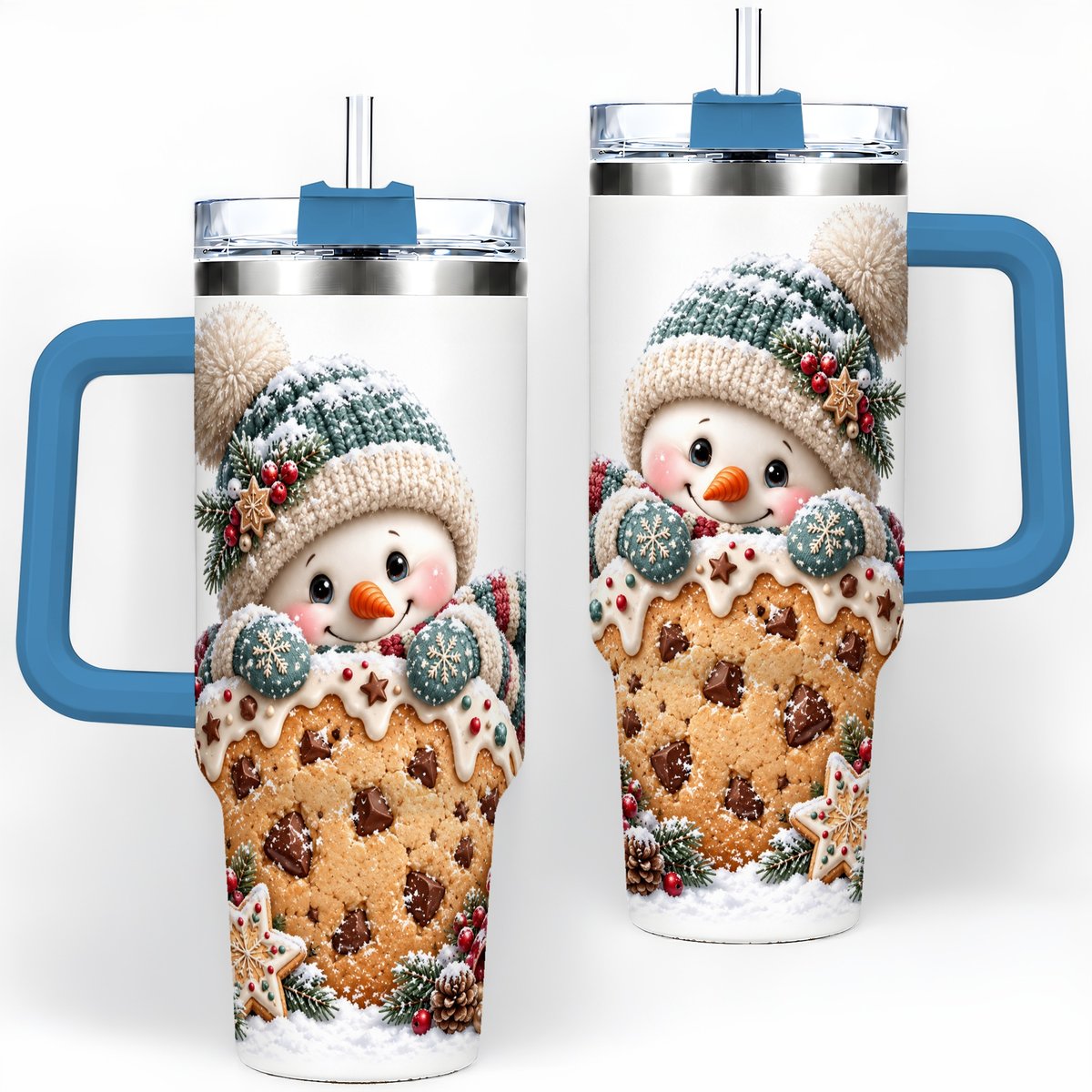 #pl[40oz|Blue] Christmas Snowman Tumbler 40oz, Frosted Cookie Art