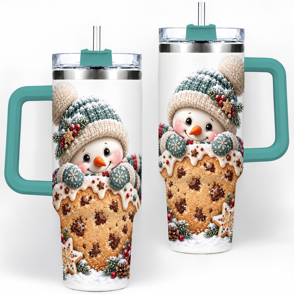 #pl[40oz|Green] Christmas Snowman Tumbler 40oz, Frosted Cookie Art