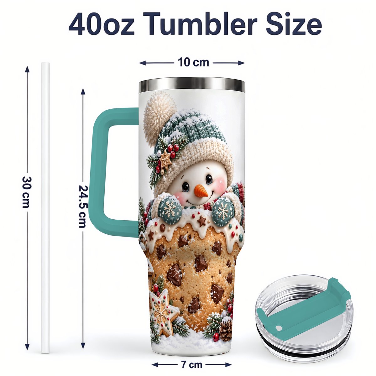 #pl[40oz|Green] Christmas Snowman Tumbler 40oz, Frosted Cookie Art