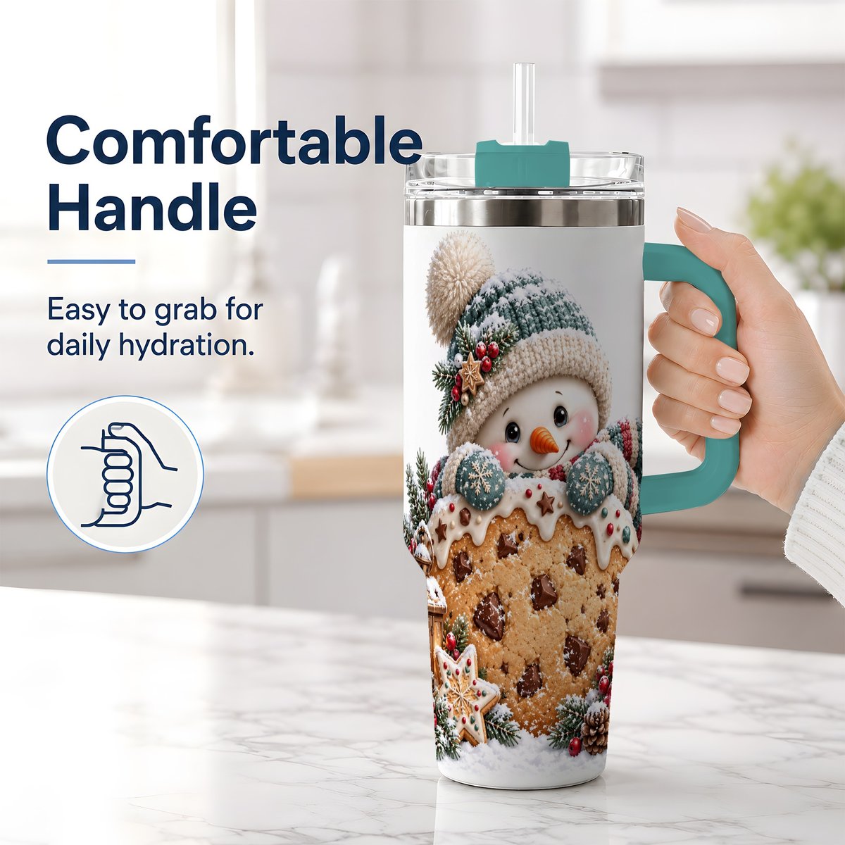 #pl[40oz|Green] Christmas Snowman Tumbler 40oz, Frosted Cookie Art