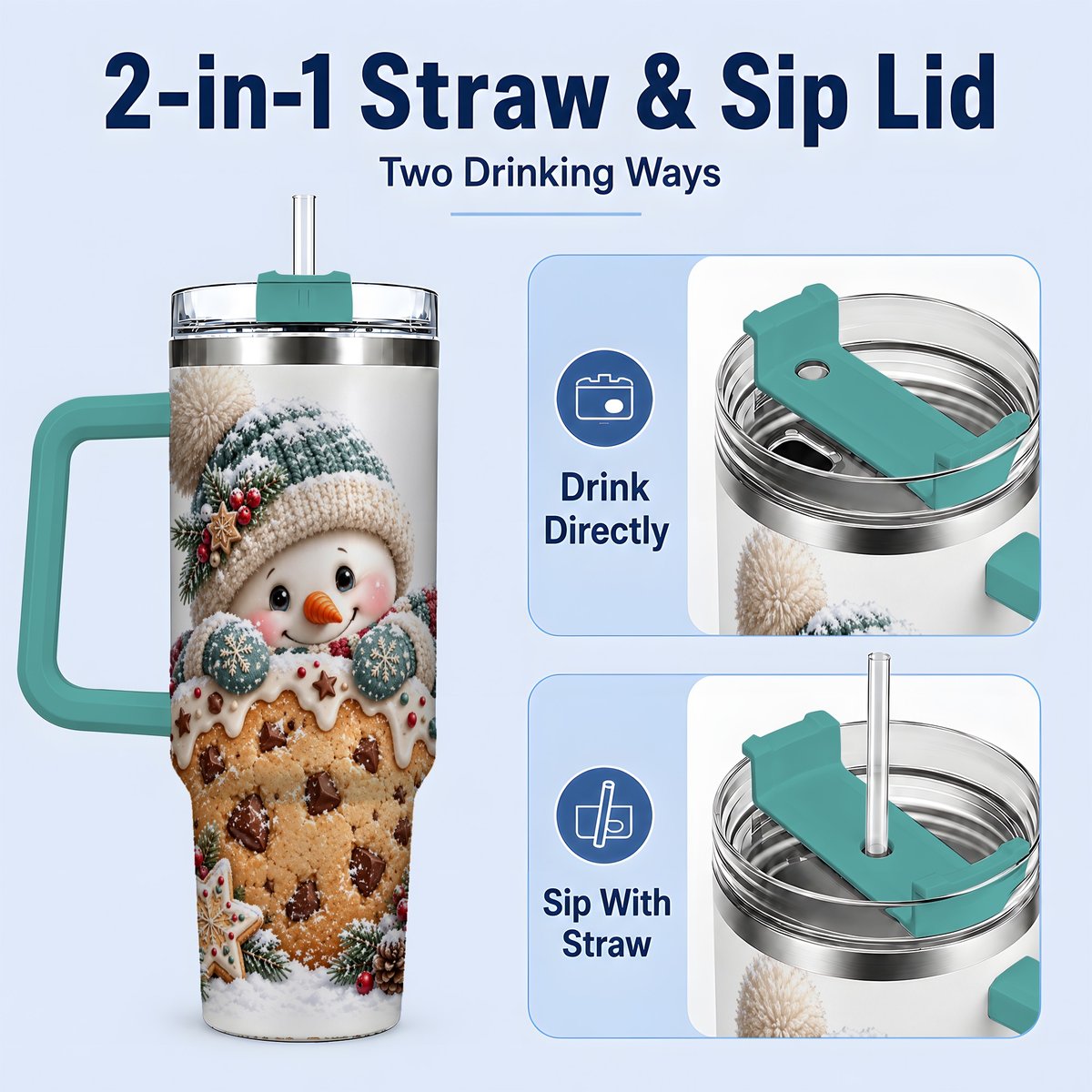 #pl[40oz|Green] Christmas Snowman Tumbler 40oz, Frosted Cookie Art