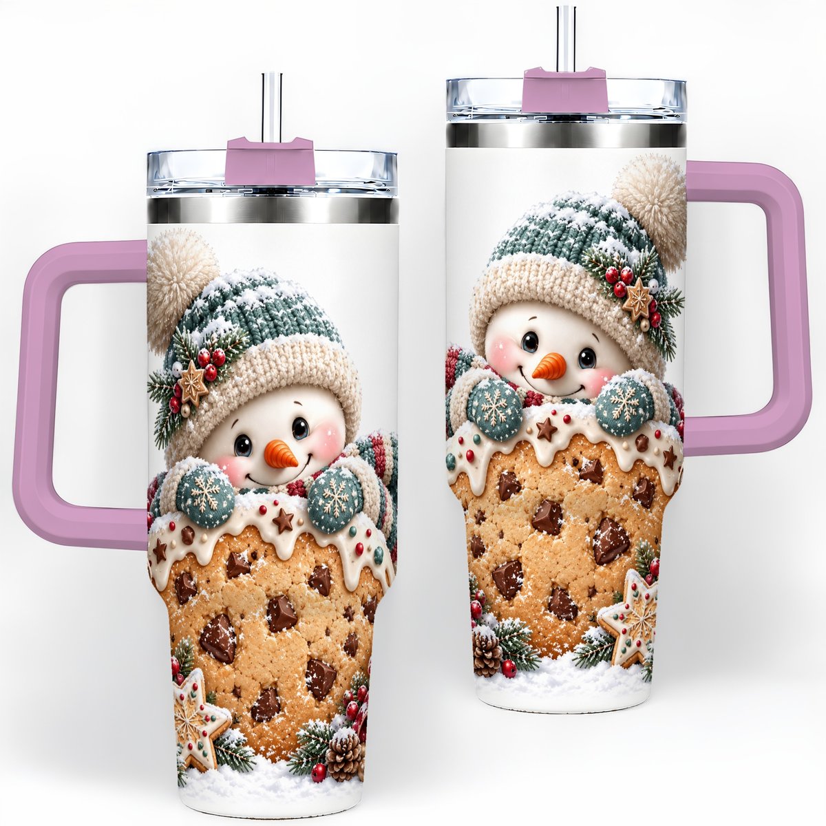 #pl[40oz|Pink] Christmas Snowman Tumbler 40oz, Frosted Cookie Art