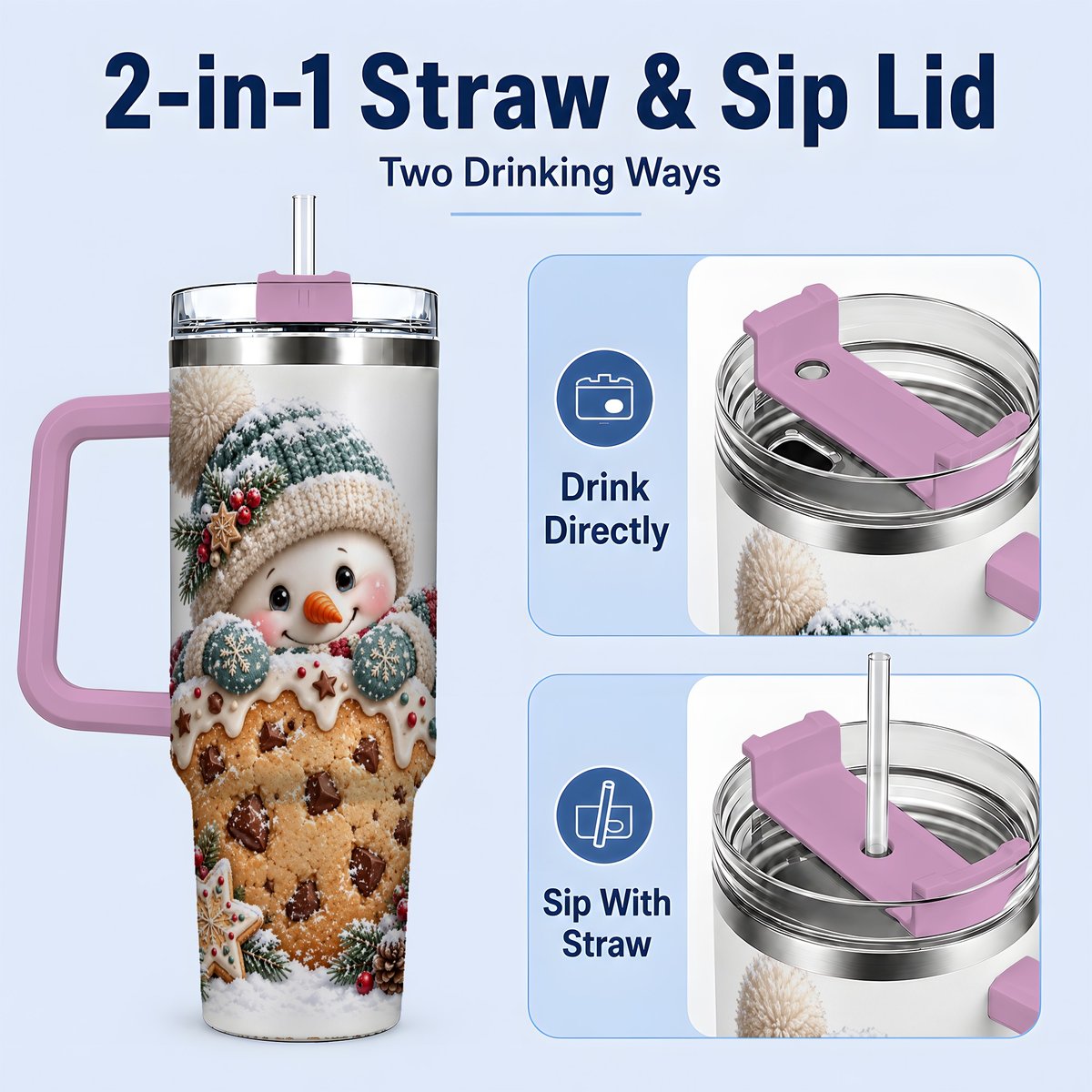 #pl[40oz|Pink] Christmas Snowman Tumbler 40oz, Frosted Cookie Art